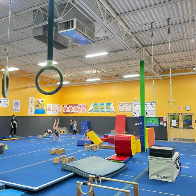 Interior view of a gymnastics facility featuring rings, vaults, and mats with children practicing and coaches providing guidance.