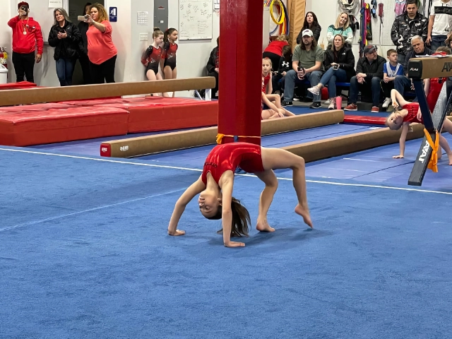 Young gymnast practicing back bridge on floor.