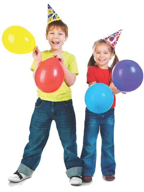 Two cheerful children wearing party hats and holding colorful balloons, laughing and celebrating.